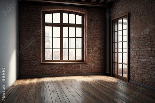 Empty room with brick wall, window and wooden floor