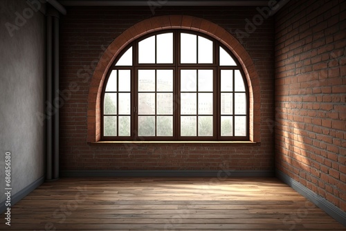 Empty room with big window and brick wall