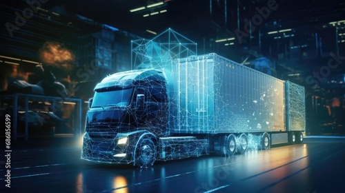 an abstract digital hologram of logistics, delivery, and transportation, include a globe and a network, set against a blurry background of a warehouse, double exposure for a captivating effect.