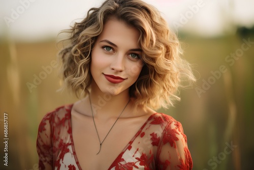 a woman, beautiful, smiling, blonde curly hair, green eyes, light skin, wearing a dress with large decolette, light red lipstick. generative AI photo