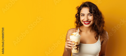 Woman Holding an Ice Coffee on a Yellow Background with Space for Copy photo