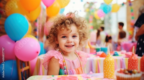 A little girl sitting at a table with a birthday cake