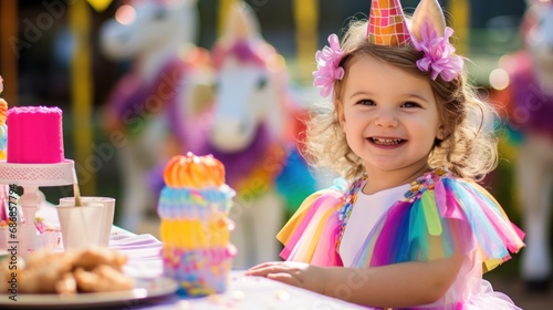 A little girl sitting at a table with a birthday cake