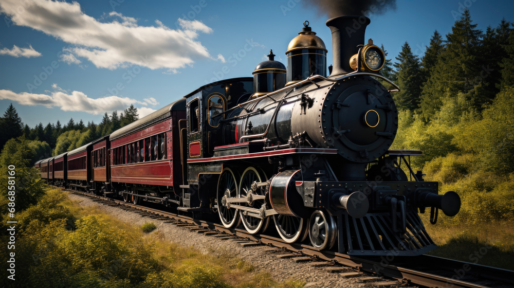 Naklejka premium A steam train traveling down train tracks next to a forest