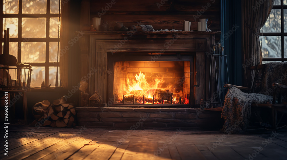 Old fireplace inside a cabin, big flames, winter, morning sunrays, movie still, cinematic, muted colors, light blue