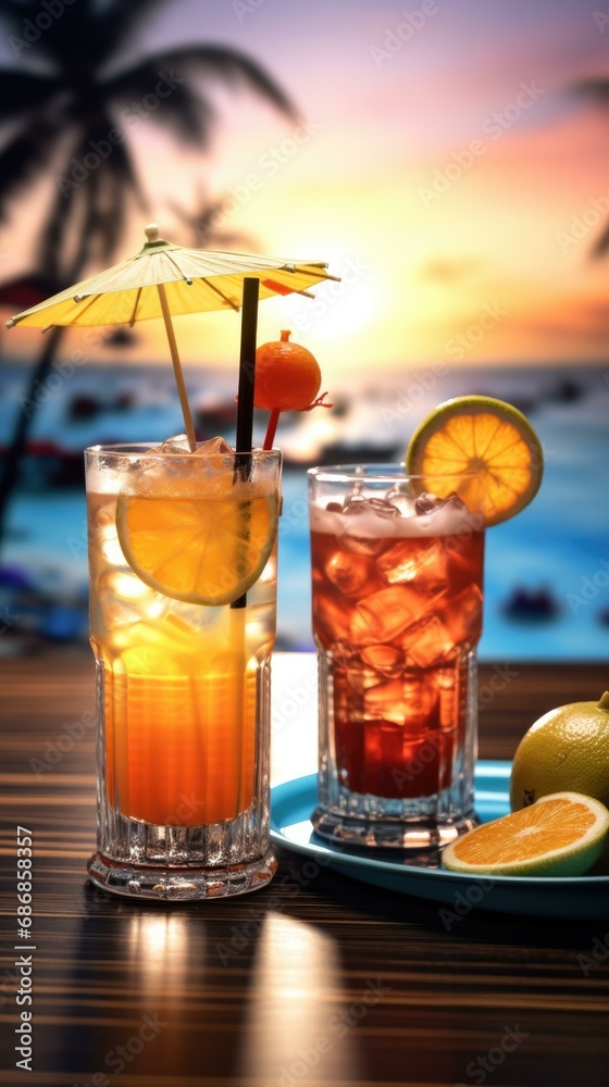 Enjoy tropical cocktails with vibrant umbrellas and fresh fruit at a beachside bar. Generative AI. Enjoy tropical cocktails with vibrant umbrellas and fresh fruit at a beachside bar. Generative AI.