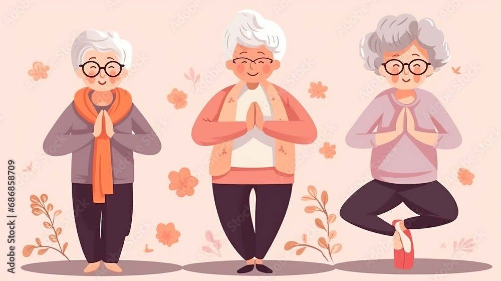 Elderly women or happy grannies joyfully practicing yoga, radiating happiness and well-being. Positive spirit and health benefits of seniors engaging in yoga, promoting active and joyful aging.