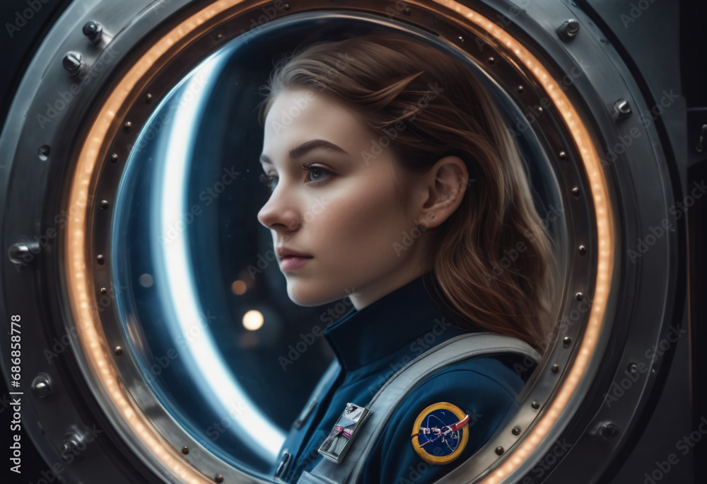 a woman in a space suit looking out of a window a woman in a space suit looking out of a window