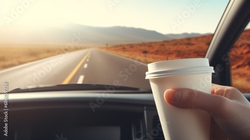 a hand with a white paper coffee cup by the window in a car driving in nature, among the autumn hills photo