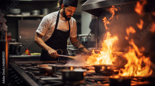 Chef in a bustling kitchen, flames from the stove, steely determination in the eyes