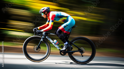 Cyclist speeding downhill, blurred forest pathway, sharp focus on rider's intense gaze, colorful racing gear