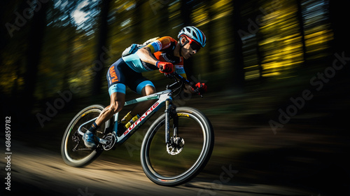 Cyclist speeding downhill, blurred forest pathway, sharp focus on rider's intense gaze, colorful racing gear