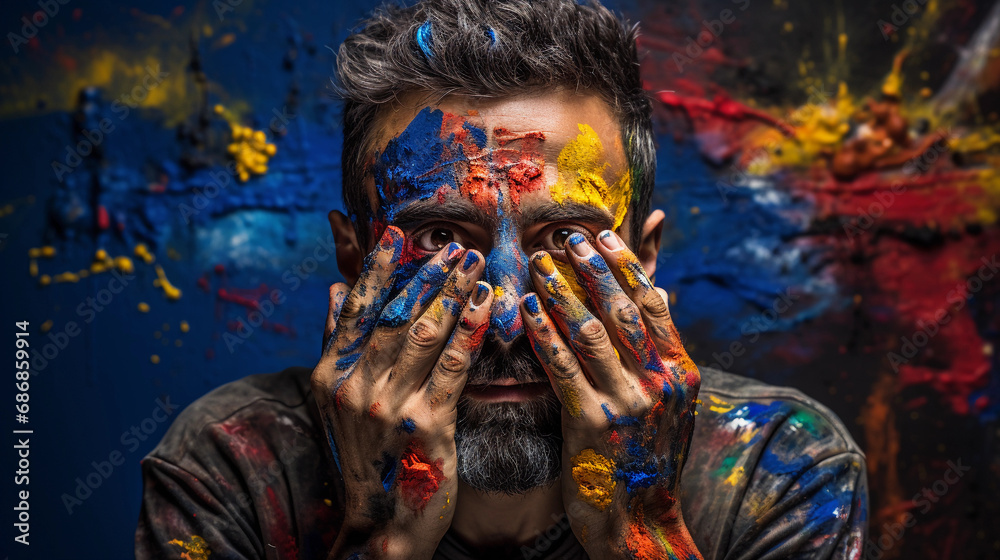 Inspired emotive portrait of an artist with paint on their face, creative spark in the eyes