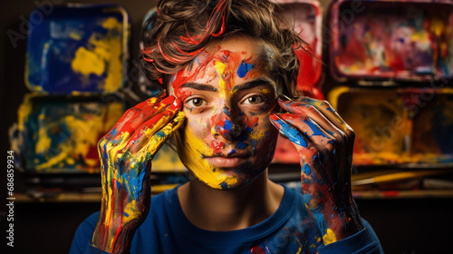 Inspired emotive portrait of an artist with paint on their face  creative spark in the eyes