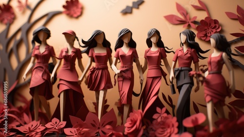 A group of figurines of women in red dresses, 8 of March, international women day. photo