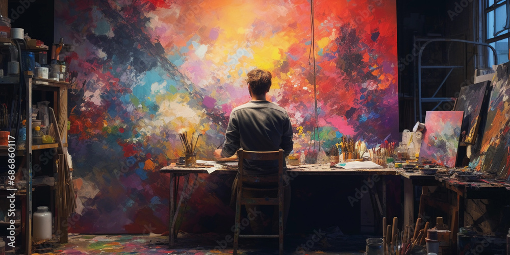 Naklejka premium Painter in a sunlit studio, canvases scattered, creative chaos, bright, airy atmosphere