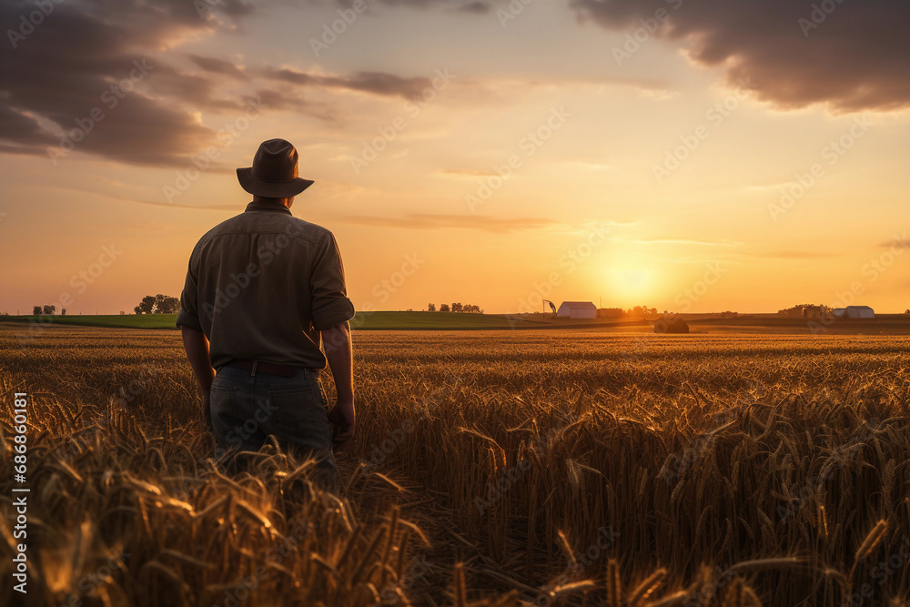 farmer in golden wheat fields at sunset, rich golden hour light farmer in golden wheat fields at sunset, rich golden hour light