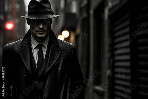 Noir detective character portrait, fedora hat, trench coat, shadowy alley backdrop