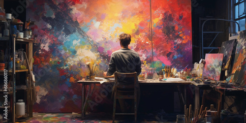 Painter in a sunlit studio, canvases scattered, creative chaos, bright, airy atmosphere