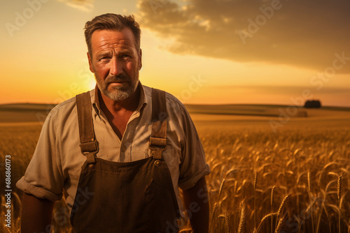 farmer in golden wheat fields at sunset, rich golden hour light