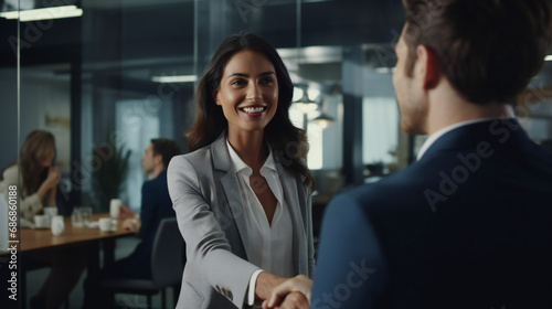 Portrait of beautiful young professional woman, businesswoman smiling in office in office on a business meeting Generation AI