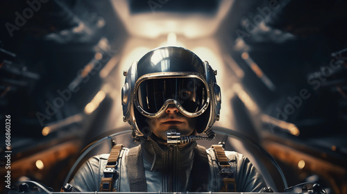 Retro-futuristic pilot character portrait, aviator helmet with visor up, background of a classic spaceship cockpit
