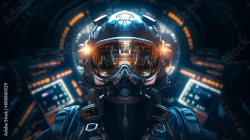 Retro-futuristic pilot character portrait, aviator helmet with visor up, background of a classic spaceship cockpit photo