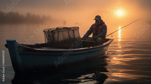 Rugged fisherman at the crack of dawn on a weathered boat, mist rising off the water, soft diffuse light