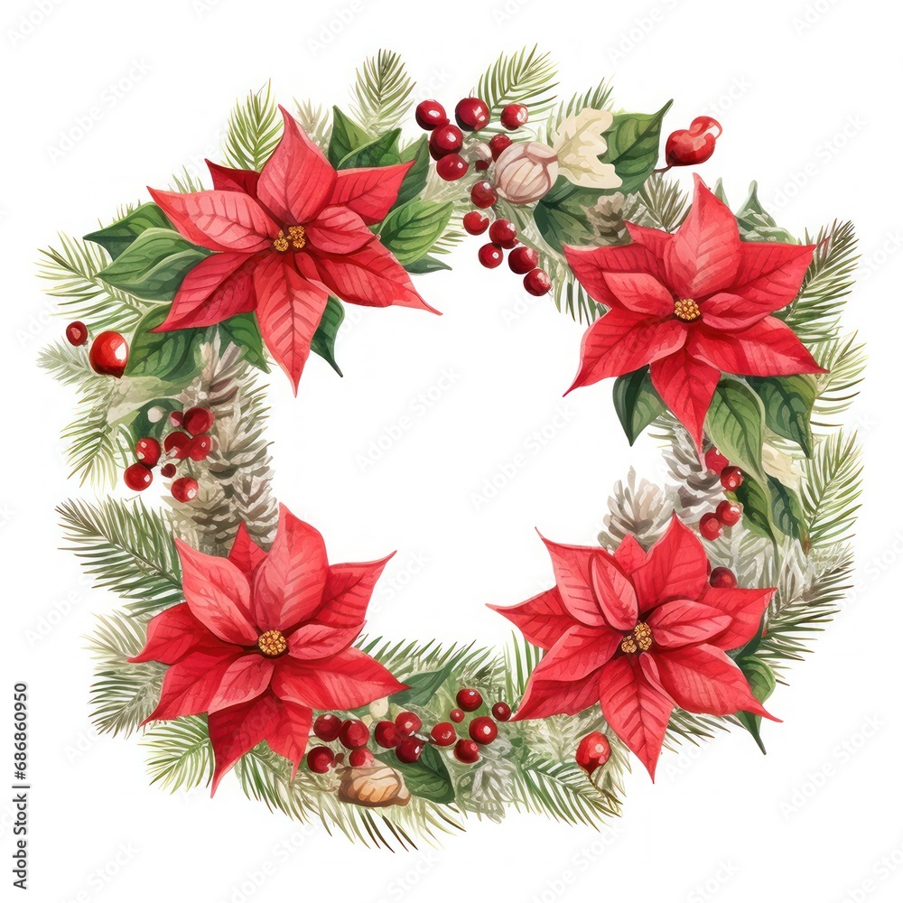 Festive wreath with red flowers berries and cones isolated on white background. Christmas decorations Festive wreath with red flowers berries and cones isolated on white background. Christmas decorations