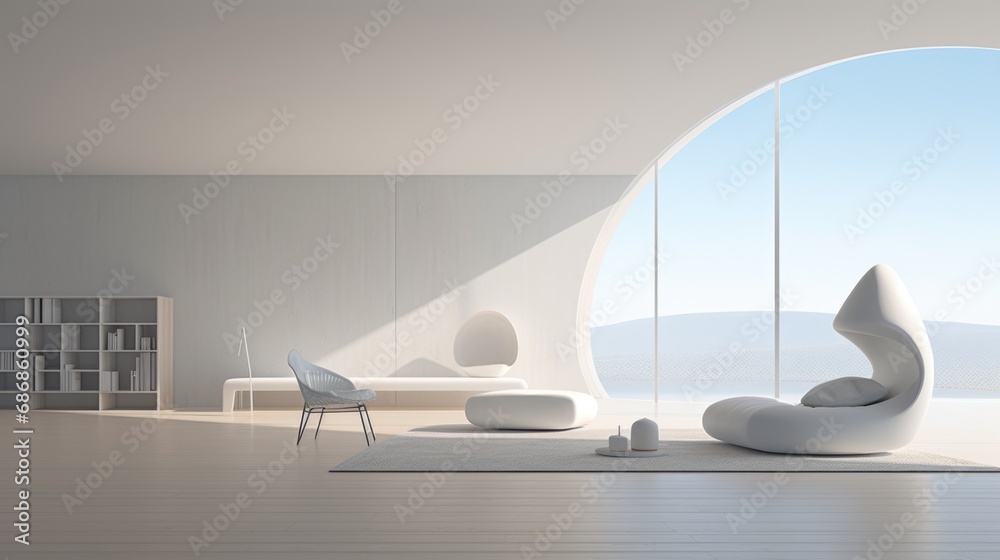 A living room with white furniture and a large window A living room with white furniture and a large window