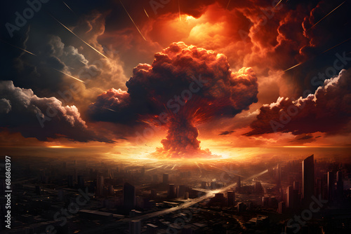 A nuclear explosion  a disaster landscape with a flash of light  a giant column of fire and clouds of smoke. The release of radiant energy. Environmental disaster.