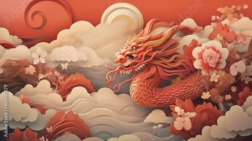 2024 Chinese new year, year of the dragon banner template design with dragons, clouds and flowers background photo