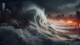 Tsunami, severe storm, flood. A giant wave rolls over the city on the coast. Strong water pressure washes away the town.