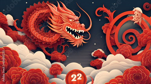 2024 Chinese new year, year of the dragon banner template design with dragons, clouds and flowers background photo