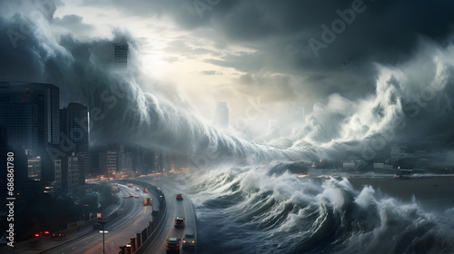 Tsunami, severe storm, flood. A giant wave rolls over the city on the coast. Strong water pressure washes away the town. photo