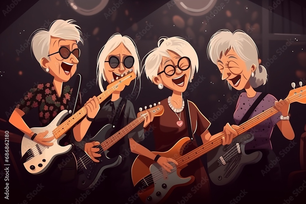 Obraz premium Elderly women happy grannies joyfully play in rock band, performing on stage with musical instruments. Spirit of senior citizens embracing music, camaraderie, and the joy of live performances.
