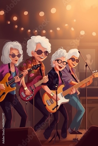 Elderly women happy grannies joyfully play in rock band, performing on stage with musical instruments. Spirit of senior citizens embracing music, camaraderie, and the joy of live performances.
