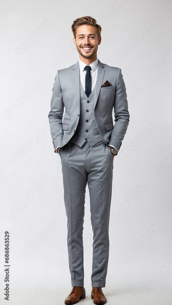 Stylish young white businessman smiling, full-body portrait in a smart grey suit, exuding charm and professionalism Stylish young white businessman smiling, full-body portrait in a smart grey suit, exuding charm and professionalism