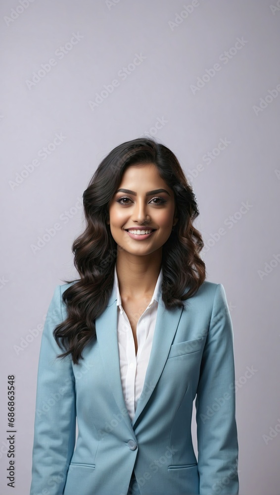 Indian businesswoman in light blue blazer, full-body portrait against a soft purple background, exuding professionalism and confidence Indian businesswoman in light blue blazer, full-body portrait against a soft purple background, exuding professionalism and confidence