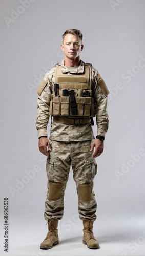 Caucasian male soldier standing at attention in full military gear, neutral background, portraying strength and readiness