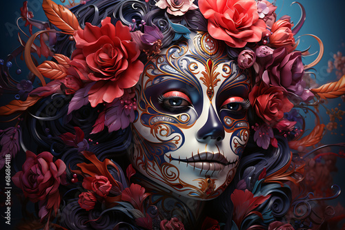Mexican day of death. a girl with a festive Sugar skull makeup and flowers in her hair. El Dia de Muertos.