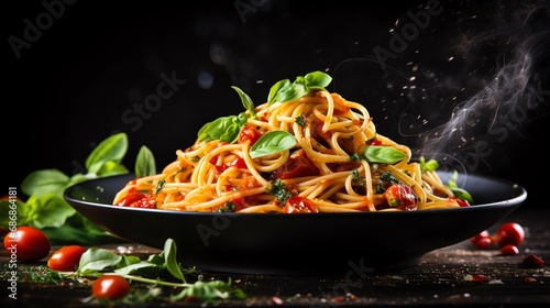 a bowl of spaghetti with basil leaves