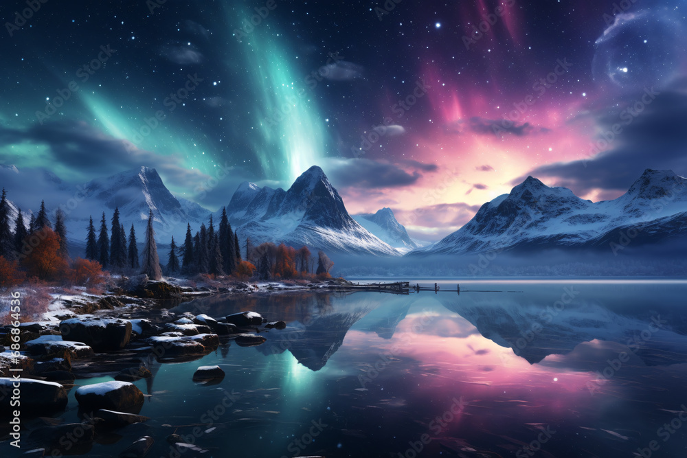 the aurora borealis in the sky, the northern lights. landscape with mountains.