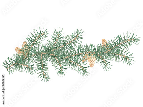 An isolated illustration of a pine branch with cones. Watercolor illustration. Christmas tree  coniferous forest  evergreen trees  needles  branches  greenery  hand-drawn. Christmas Decoration