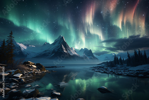 green northern lights. polar landscape with beautiful multicolored sky and mountains. without people.