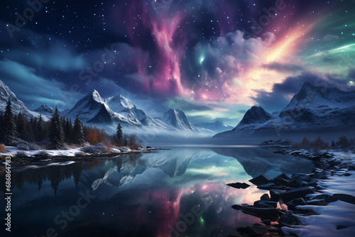 the polar northern lights. winter landscape with beautiful multicolored sky. © MaskaRad