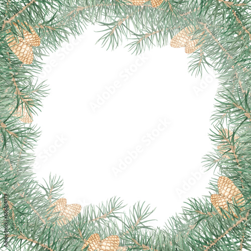 Round frame with pine branches and cones on a white background. Watercolor illustration. Christmas tree, coniferous forest, evergreen trees, needles, branches, greenery, hand-drawn. Christmas