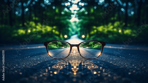 road leading to a source of light behind an eyeglass, with blur background, copy space, 16:9 photo