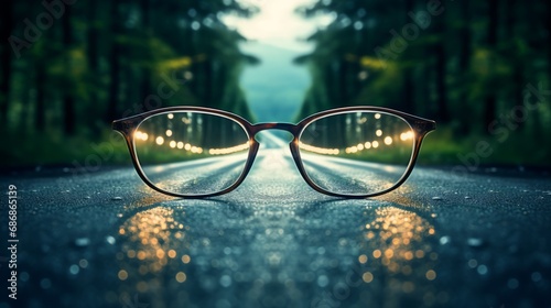 road leading to a source of light behind an eyeglass  with blur background  copy space  16 9