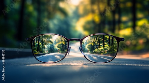 road leading to a source of light behind an eyeglass, with blur background, copy space, 16:9 photo